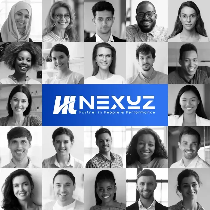 A collage of diverse individuals smiling in black and white photographs surrounds a central colored logo on the image that reads, "HTNEXUZ: The Nexus of Possibilities."