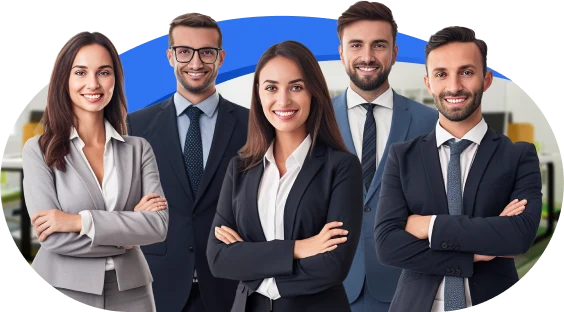 A group of five business professionals stand together, smiling confidently. The two women and three men, dressed in formal suits, represent a leading recruitment agency..