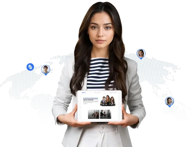 A woman with long dark hair, wearing a light-colored blazer over a striped shirt, is holding a tablet displaying a website.