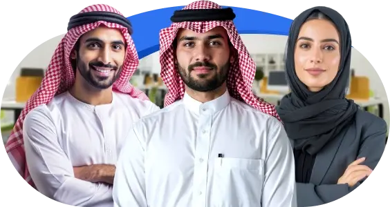 A group of three Arabic men and one woman standing together and smiling.