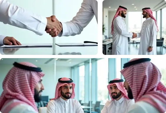Four images depicting business professionals engaged in handshake agreements, symbolizing collaboration and partnership.