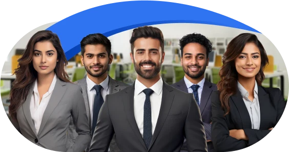 Five people in business attire are standing in a row, smiling. Behind them is a graphic with a purple swoosh ending in three stars (yellow, red, and blue).