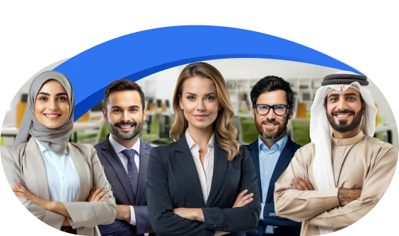 A diverse group of five professionals stands together, smiling at the camera. The group includes men and women, dressed in business attire, representing different cultural backgrounds.