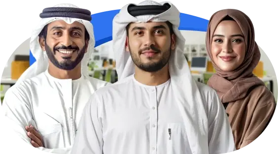 Three professionals are standing side by side and smiling, showcasing the top talent UAE has to offer.