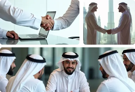 Collage of three images showing business meetings. Top left: Close-up of a handshake over a desk with documents, symbolizing business growth. Top right: Two men in business suits and two men in traditional Middle Eastern attire shaking hands. Bottom: Three men in traditional Middle Eastern attire and one man in a business suit having a discussion.