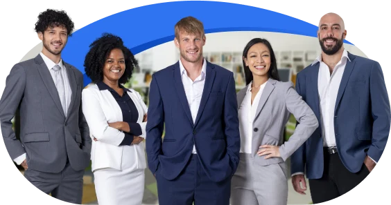 Five business professionals, three men and two women, are standing in a row, smiling and dressed in formal business attire.