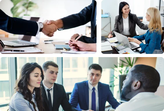 A collage of three business scenes: top left shows a handshake over a desk discussing HR outsourcing, top right features two women smiling and discussing work at a desk, and the bottom image showcases four professionals in a meeting focused on talent acquisition.